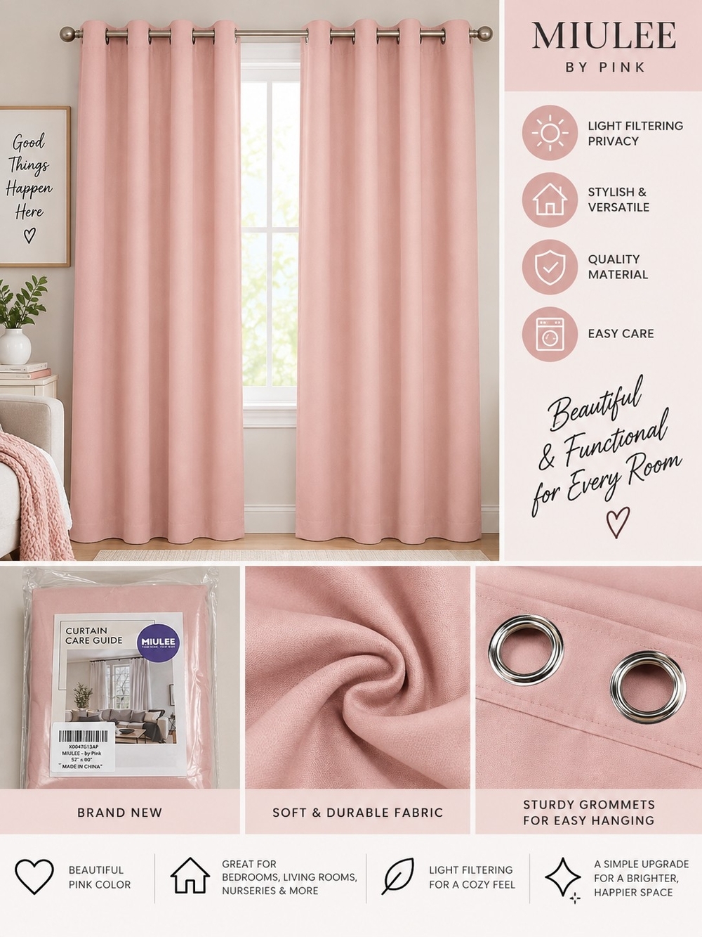 New Miulee by pink 52x90 inch pink long curtain #34
